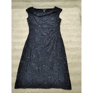 Ralph Lauren Formal Lace Sequin Sparkle Cowl Neck Stretch Navy Sheath Dress 12
